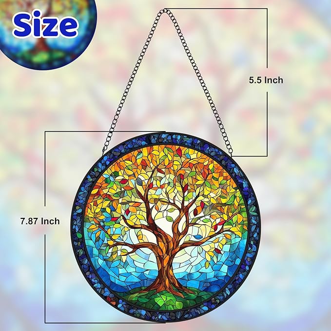 Tree of Life Stained Glass Window Hanging - Sun Catchers for Indoor/Outdoor Décor | Artisan Glass Panels for Home & Garden Wall Art | Unique Suncatcher Housewarming Gift for Home Decoration