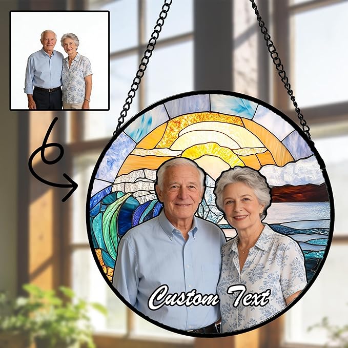Personalized Custom Photo Faux Stained Glass Window Hanging - Mother in Law Gifts Memorial Customized Ornaments Christmas Birthday Mother's Day for Lovers Women Men Dad Mom Nana Grandma