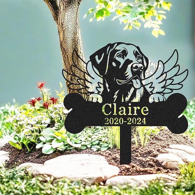 Personalized Labrador Retriever Dog Memorial Garden Stake, Custom Dog Wings Memorial Grave Marker with Name Date, Outdoor Pet Memorial Sign for Labrador Retriever Statue Metal Engraved Sign