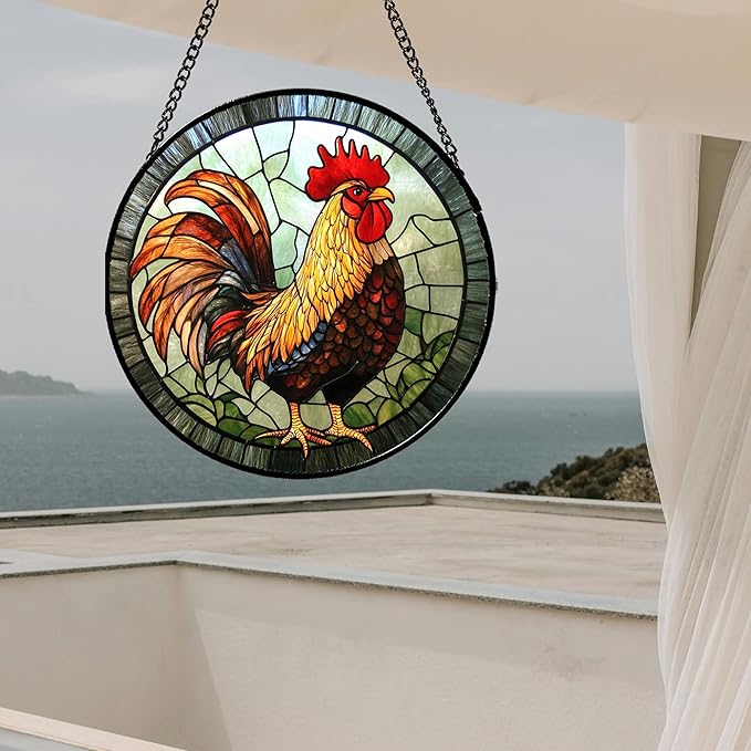 Stained Glass Window Hanging - Rooster Suncatcher for Doors Garden Patio Retro PColored Chicken Sun Catchers Decor Christmas Mother's Day Birthday Gifts for Women Men Mom Nana Friend 7.8 in