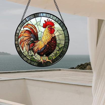 Stained Glass Window Hanging - Rooster Suncatcher for Doors Garden Patio Retro Colored Chicken Sun Catchers Decor Christmas Mother's Day Birthday Gifts for Women Men Mom Nana Friend 15 in