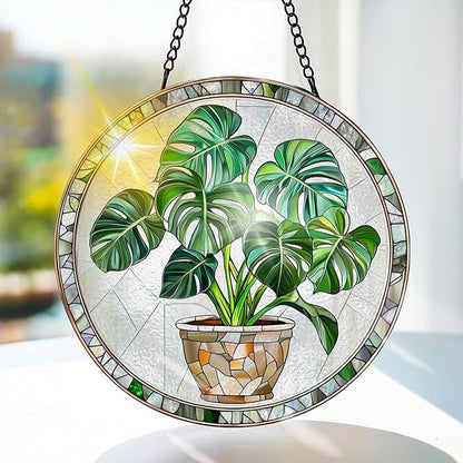 Bimkole Plant Stained Glass Suncatcher Window Hanging - Pothos Indoor Window or Doorway Decoration - Handmade Sun Catcher Decor for Garden Home Christmas & Birthday Gifts 7.87x7.87 inch