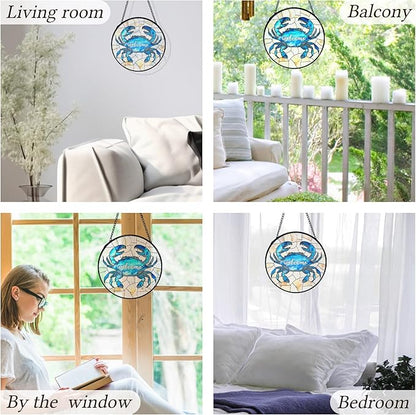 kdqua Coastal Beach Crab Welcome Suncatcher Stained Glass Window Hanging, Ocean Marine Crab Sun Catchers Indoor Window Glass Round Wall Decor, Beachy Wall Art Hanging Decorations Statues, 7.9x7.9in