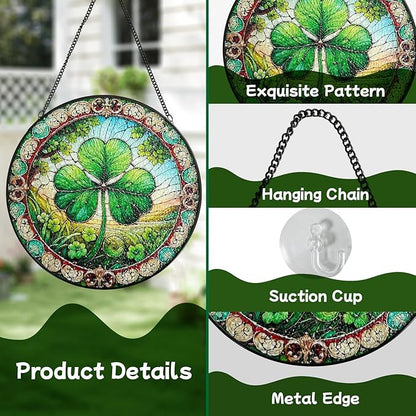 Stained Glass Window Hanging, Shamrock Suncatcher Decor, Clover Wall Art Ornament Decorations for Home Bedroom Garden Farmhouse, Birthday Housewarming Gift for Women Mom, 7.8 Inch