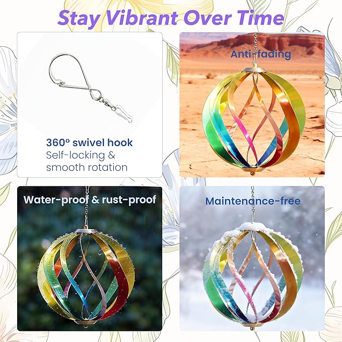 Hanging Wind Spinners Outdoor - Tool-Free Assembly Garden Wind Spinners, Spring Metal Yard Decor with Dual Hooks for DIY Accessories, Weatherproof Rust-Resistant 3D Ball(Rainbow, 8 Inch)