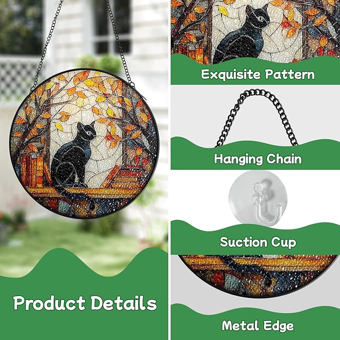 Black Cat Stained Glass Window Hanging Suncatcher, Fall Leaves & Bookshelf Sun Catchers Art Decor Ornament for Home Garden Farmhouse, Birthday Gift for Cat Lovers Mom Women Nana, 7.8 Inch