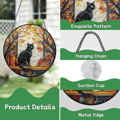 Black Cat Stained Glass Window Hanging Suncatcher, Fall Leaves & Bookshelf Sun Catchers Art Decor Ornament for Home Garden Farmhouse, Birthday Gift for Cat Lovers Mom Women Nana, 7.8 Inch