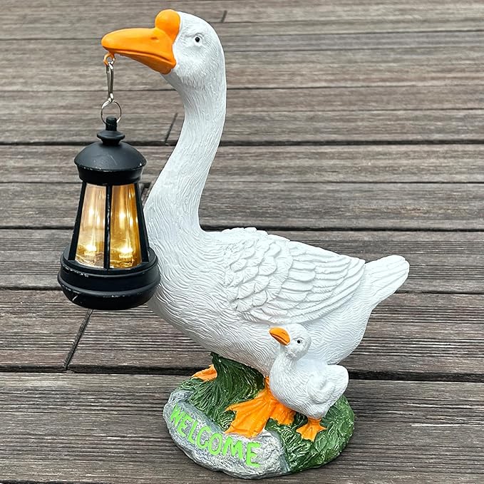 Solar Porch Goose Statue, Outdoor Goose Decor with Lantern for Yard Lawn Patio Balcony, Birthday Christmas Housewarming Gifts for Mom, Grandma, Women,12 Inch,Resin