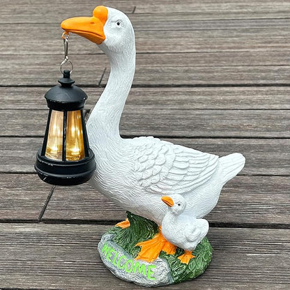 Solar Porch Goose Statue, Outdoor Goose Decor with Lantern for Yard Lawn Patio Balcony, Birthday Christmas Housewarming Gifts for Mom, Grandma, Women,12 Inch,Resin