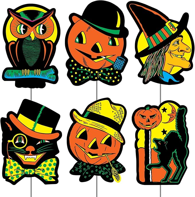 Beistle 6 Piece 12.75" x 10" Corrugated Plastic Vintage Halloween Yard Signs With Metal Stakes, Retro Fall Lawn Décor For Outdoors, Made In USA Since 1900