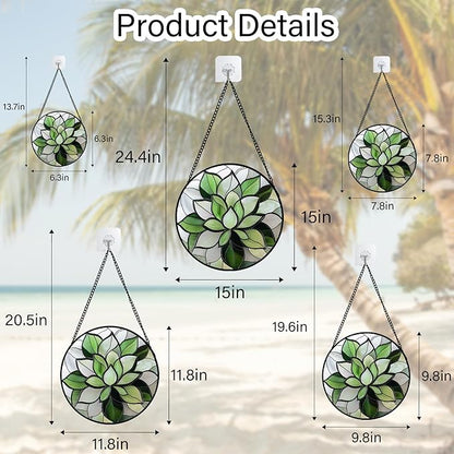 Stained Glass Window Hanging - Green Lotus Suncatcher for Door Garden Succulent Plant Sun Catchers Decor Mother's St. Patrick's Day Birthday for Women Mom Nana Grandma 6.3 in