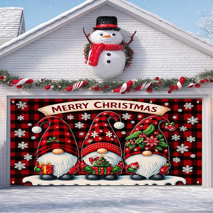 IVN Christmas Garage Door Cover Decoration 13x6ft Gnome Pattern Red Backdrop Gift Snowflakes and Stars Merry Christmas Garage Door Banner Home Door Front Yard Decor for Xmas Eve Holiday Outdoor