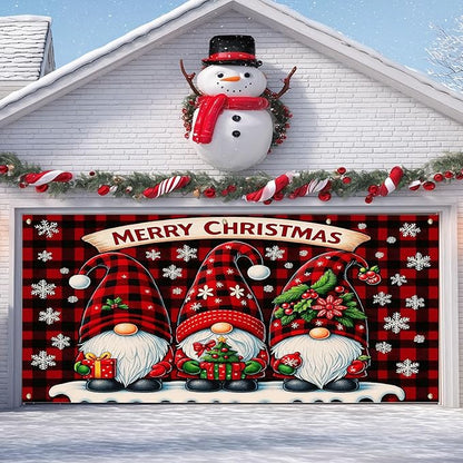 IVN Christmas Garage Door Cover Decoration 13x6ft Gnome Pattern Red Backdrop Gift Snowflakes and Stars Merry Christmas Garage Door Banner Home Door Front Yard Decor for Xmas Eve Holiday Outdoor
