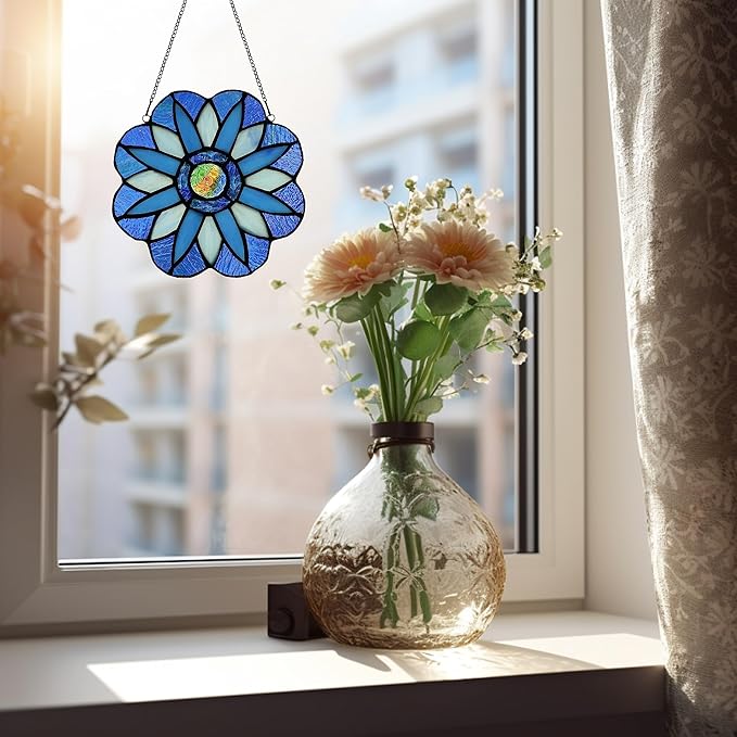 Stained Glass Window Panels,Flower Handmade Art Crafts Suncatcher for Window or Wall (Blue Mandala)
