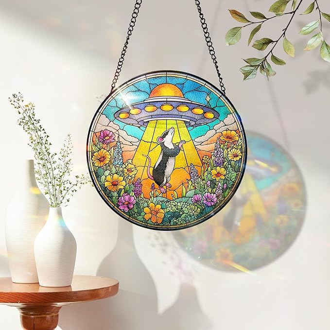 7.8 Inch Stained Glass Window Hanging UFO Mouse Sun Catcher Indoor Window Door Wall Yard Home Decor Stained Glass Ornament Colorful Glass Panel Suncatcher Gifts for Women Men Mom Art Lover Astronomer