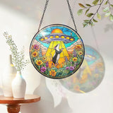 7.8 Inch Stained Glass Window Hanging UFO Mouse Sun Catcher Indoor Window Door Wall Yard Home Decor Stained Glass Ornament Colorful Glass Panel Suncatcher Gifts for Women Men Mom Art Lover Astronomer