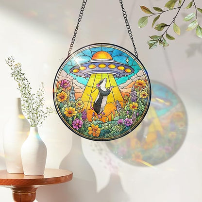 7.8 Inch Stained Glass Window Hanging UFO Mouse Sun Catcher Indoor Window Door Wall Yard Home Decor Stained Glass Ornament Colorful Glass Panel Suncatcher Gifts for Women Men Mom Art Lover Astronomer