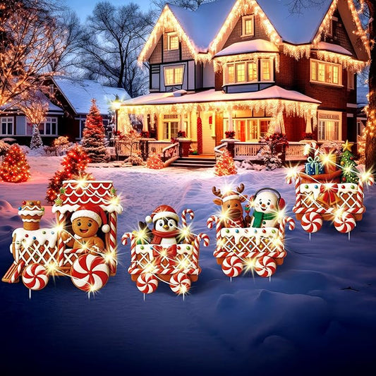 Marsui 4 Pcs Christmas Train Decoration Yard Sign with 4 LED Light Lawn Sign Christmas Red Gingerbread Penguin Snowman Train Set with 8 Stake for Xmas Garden Outdoor Holiday Party Decor