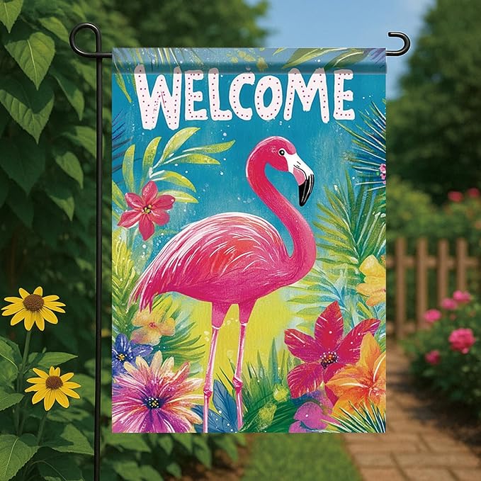 Spring Summer Garden Flag 12x18 Inch Welcome Flamingo Tropical Floral Jungle Design Outdoor Yard Porch Lawn Garden for Seasonal Coastal Farmhouse Home Decor