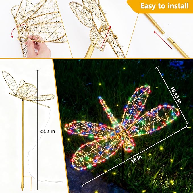 Lomotech Solar Garden Lights - 18" 240 Leds Foldable Outdoor Dragonfly Garden Decor, Waterproof Larger Outdoor Solar Lights with Iron for Garden Patio Yard Lawn Pathway Decorations (Multicolor)
