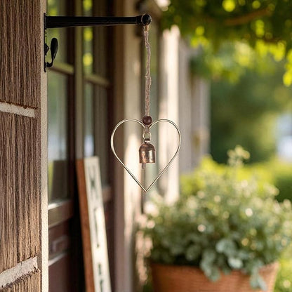 Rustic Heart Bell Wind Chime, Gold Bronze Metal, 5 x 5 inch Heart Frame with 1.5 inch Bell, Indoor Outdoor Decorative Hanging Ornament for Garden, Porch, Valentine's Day