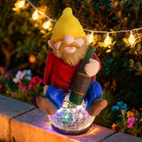 Drinking Gnome Solar Garden Statue - Funny Gnome Figurine with Colorful Crackle Ball LED Light - Perfect Novelty Patio Yard Decor and Gag Gifts - Funny Birthday Gifts for Grandma Mom Women