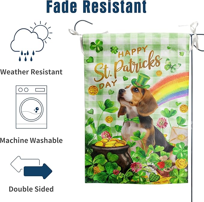 Beagle St Patricks Day Garden Flag Dog St Patrick's Day Yard Flags for Outside 12x18 Double Sided Buffalo Plaid Shamrock Flag Small Outdoor Rainbow St Patrick's Decor