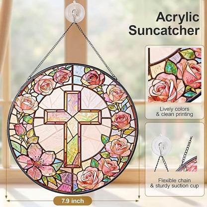 Sun Catcher Cross Stained Glass 7.9 Inch Suncatcher Religious Cross and Roses Suncatchers for Windows Hanging Gifts for Women Cottage Core Apartment Home Decor Christian Gift Religious Gift
