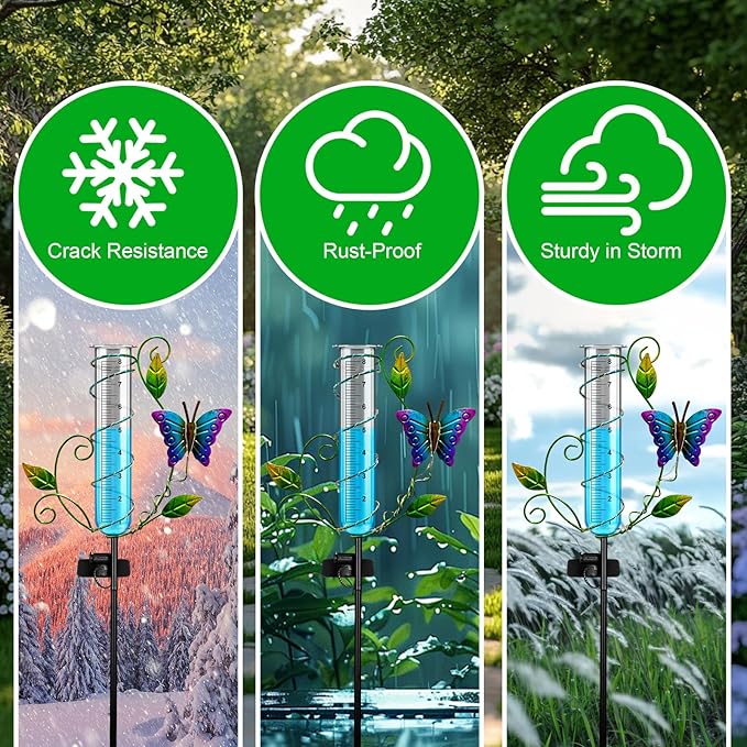 Butterfly Rain Gauge Outdoor - Wireless Solar Rain Gauges with 8" Capacity Glass Replacement Tube Best Rated Metal Decorative Garden Stakes with LED Lights for Yard Lawn Patio Art Decor