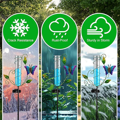 Butterfly Rain Gauge Outdoor - Wireless Solar Rain Gauges with 8" Capacity Glass Replacement Tube Best Rated Metal Decorative Garden Stakes with LED Lights for Yard Lawn Patio Art Decor