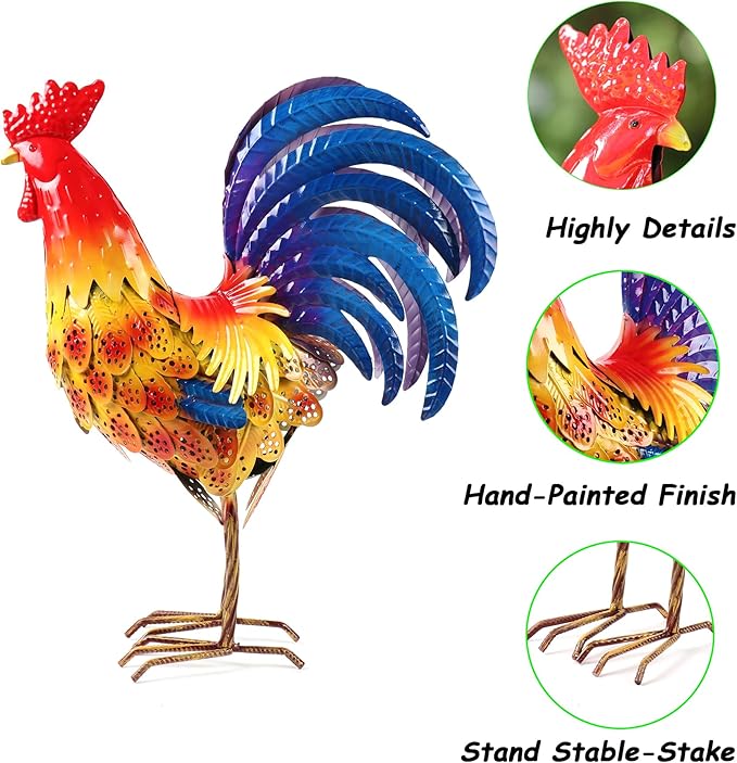Metal Rooster Chicken Yard Art Outdoor Decor Large Chicken Garden Statue & Sculpture for Lawn Patio Backyard Kitchen Home Decorations, B-ROS04
