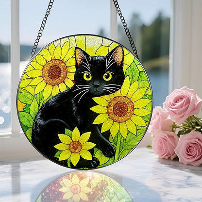 Stained Glass Window Hanging, 8 Inch Black Cat Sun Catcher, Suncatchers for Windows, Sunlight Catcher Glass, Window Hanging Decor, Gifts for Cats Lovers, Mom Gift, Black Cat Decor Gifts