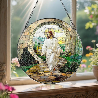 8 Inch He is Risen Resurrection of Jesus Stained Glass Suncatcher, Stained Glass Window Hanging, Sun Catchers Indoor Window Decor and Christmas, Christian Gift, Religious Gifts, Christian Home Decor
