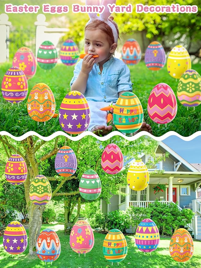 12Pcs Easter Yard Signs Outdoor Decorations Pastel Easter Egg shaped Yard Sign with Stakes Colorful Eggs Yard Signs for Garden Lawn Home Party Supplies(12 Pcs Eggs)