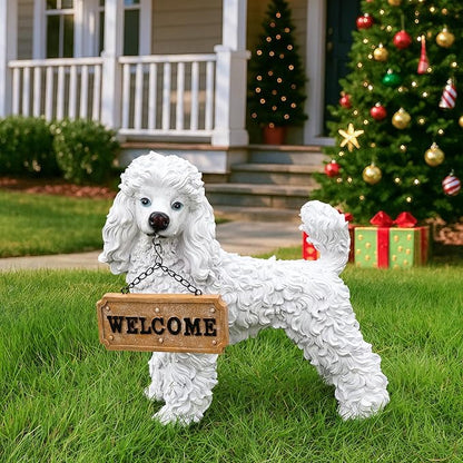 White Poodle Garden Statue with Solar Lantern & Double-Sided Welcome Sign, 14" Realistic Dog Sculpture, Waterproof Resin Poodle Figurine for Yard Lawn Patio Decor, Gift for Poodle Lovers