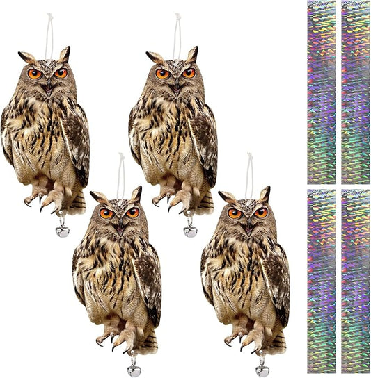 Hanging Plastic Owls for Gardens, 4PCS Reflective Hanging Owl Decoration Woodpecker Control Device with Reflective Tape, Jinging Bell for Garden Patio Windows