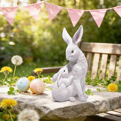 basen Outdoor White Bunny Figurines Mother and Baby Rabbit Resin Decor, Weather Resistant Garden Statue for Yard Patio Lawn, Easter Spring Decoration, Cute Animal Ornament for Home or Gift