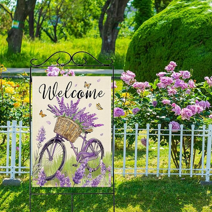 Artofy Welcome Spring Summer Bike Large Decorative House Flag, Bicycle Lavender Flower Floral Yard Garden Outside Decor, Seasonal Butterfly Burlap Outdoor Home Decoration Double Sided 28 x 40