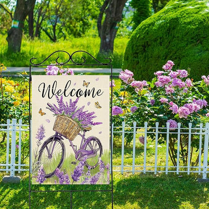 Artofy Welcome Spring Summer Bike Large Decorative House Flag, Bicycle Lavender Flower Floral Yard Garden Outside Decor, Seasonal Butterfly Burlap Outdoor Home Decoration Double Sided 28 x 40