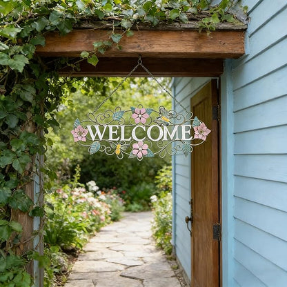 Queltharion 23.6'' L Vintage Metal Welcome Sign Hanging Decor Rustic Distressed Butterfly Bee Flora Welcome Wall Art Decoration for Outdoor Front Door Garden Farmhouse Porch Patio Yard Plaque Pink