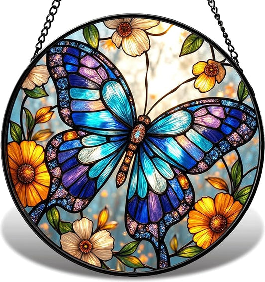 Butterfly Stained Glass Suncather for Window Hanging, 6.3'' Blue Butterfly Ornament Gift for Women, Nature-Inspired Wall Art Home Decor Gifts for Mom, Grandma, Mother's Day (Blue, 6.3'')