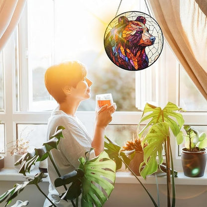 Bimkole Bear Stained Glass Suncatcher Window Hanging - Animals Design for Indoor Window or Doorway Decoration - 7.87x7.87 inch with Chain and Hook - Unique Home Decor Gift