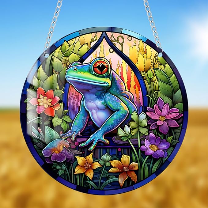 Stained Glass Window Hanging, Green Frog Flower Sun Catchers Colorful Glass Panel Cute Suncatcher Decor for Birthday for Women, Men, Wife, Aunt, and Mom 5.9x5.9 in