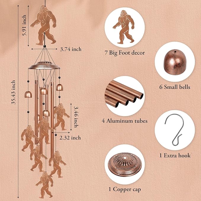 YHmall Big Foot Wind Chimes for Outside, 35" Big Foot Gifts for Women Men Mom Dad, Metal Windchimes Outdoors for Patio Yard Home Garden Decorations