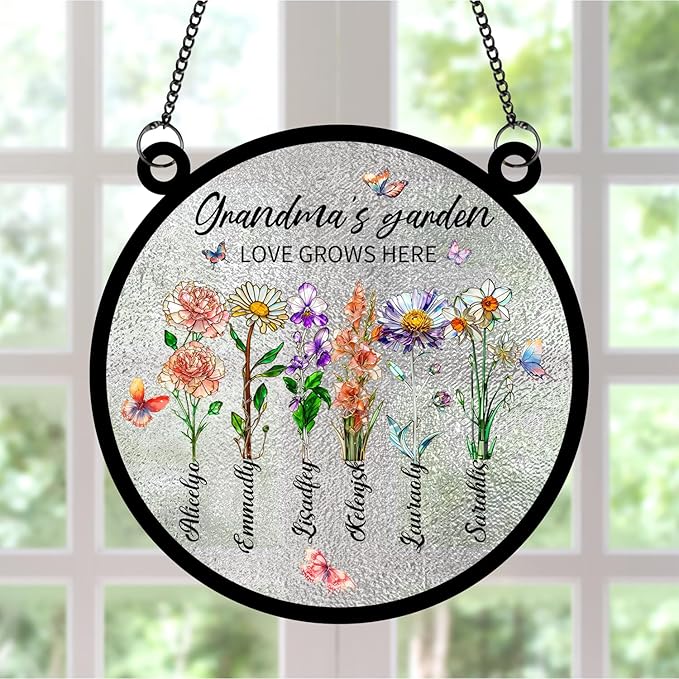 Personalized Grandmas Garden Stained Glass Suncatchers, Custom Name Birth Month Flowers Window Hanging Ornament, Mothers Day Christmas Birthday Gifts for Grandma Mom Nana Mimi (Round 1)