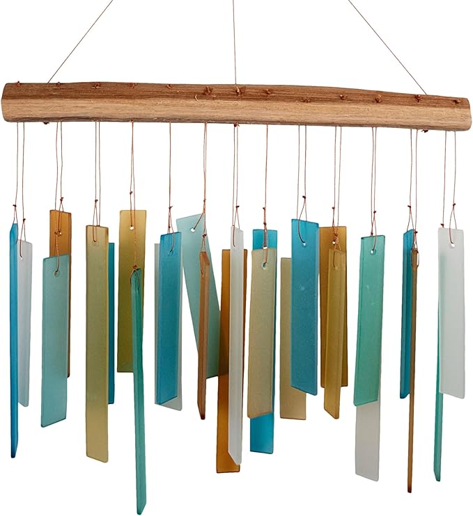 Blue Handworks Caribbean Beach Glass and Driftwood Chime - Sandblasted Glass and Found Wood Hand Crafted Wind Chime