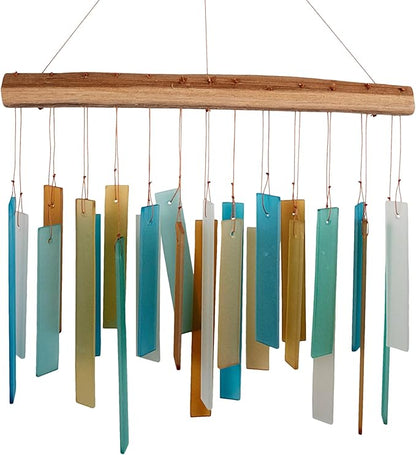 Blue Handworks Caribbean Beach Glass and Driftwood Chime - Sandblasted Glass and Found Wood Hand Crafted Wind Chime