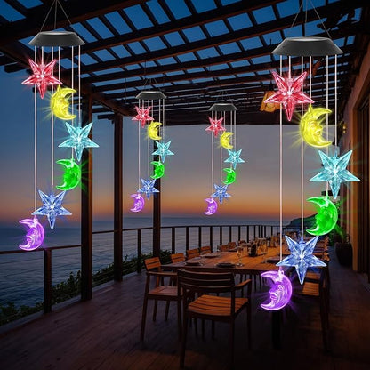 Solar Wind Chimes Outdoor Color Changing Hanging Waterproof Stars Lights Sun and Moon Decor Gifts for Mom Grandma Sister Powered Mobile for Outdoor Garden Patio Yard Window Indoor