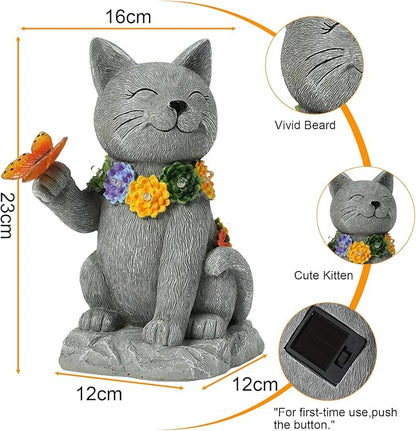 Oneirion Solar Cat Garden Statue - 7 LED Lights with Flowers & Butterfly Yard Art, Lawn Porch Outdoor Decor, Gift for Mom, Grandma & Women