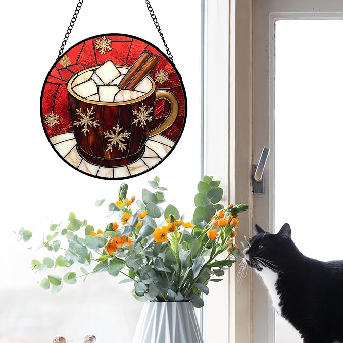 DASTOLL Stained Glass Window Hanging 4 Pcs Set Red Christmas Themed Decorations 9.8" - Suncatcher Door Garden Sun Catcher Decor Birthday New Year for Mom Woman Nana Men